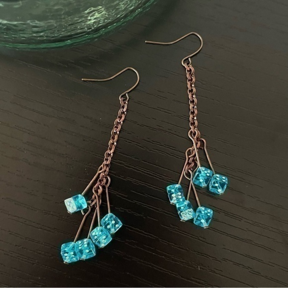 2/$29 Handmade Long Mini Blue Dice Copper Dangle Earrings Bachelorette Vegas